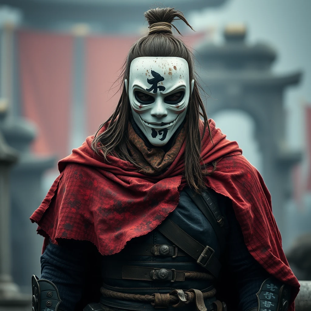 A weathered warrior stands in muted light, donning a tattered red cloak splattered with grime and darker reds, over a black battle-worn suit of armor, a white mask with black Asian calligraphy obscures the face, under a messy long hair with a tied top-knot, all set against a blurry backdrop of gray structures and faint orange accents suggestive of. - Image