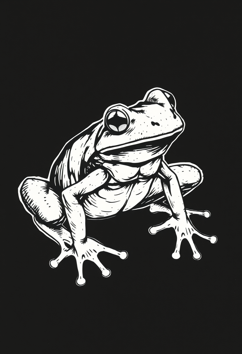 Hemp frog, stencil Loose Gestural, vector hand-drawn ink, thick trace, two tones images on paper. Black background by Frank Miller.