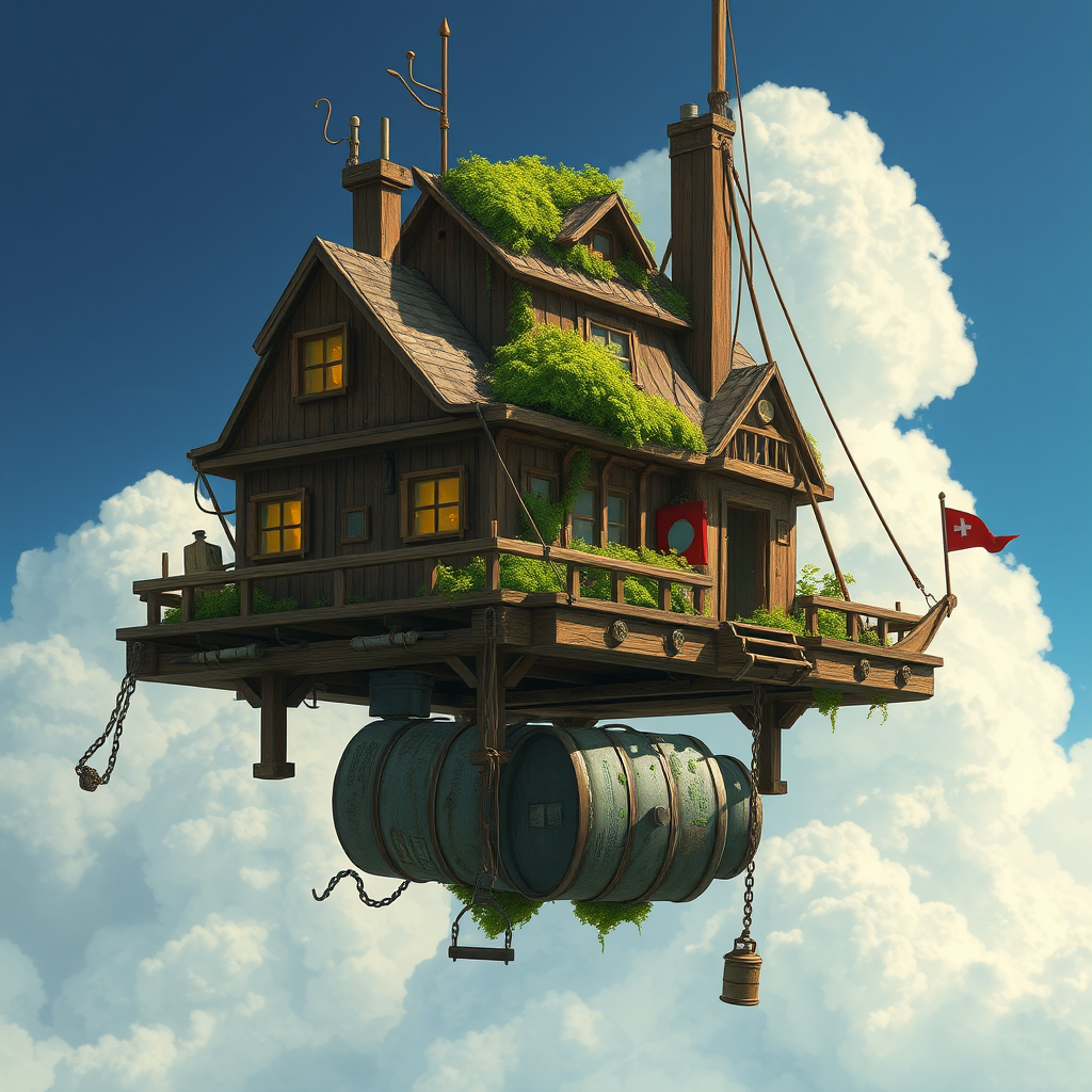 Small post-apocalyptic houses made from boat parts flying in the air on a flying platform with old oil barrels at the bottom and a green lush garden on the deck, made by Studio Ghibli, Ian McQue, and Christian Rivers, hyper-detailed, cinematic.