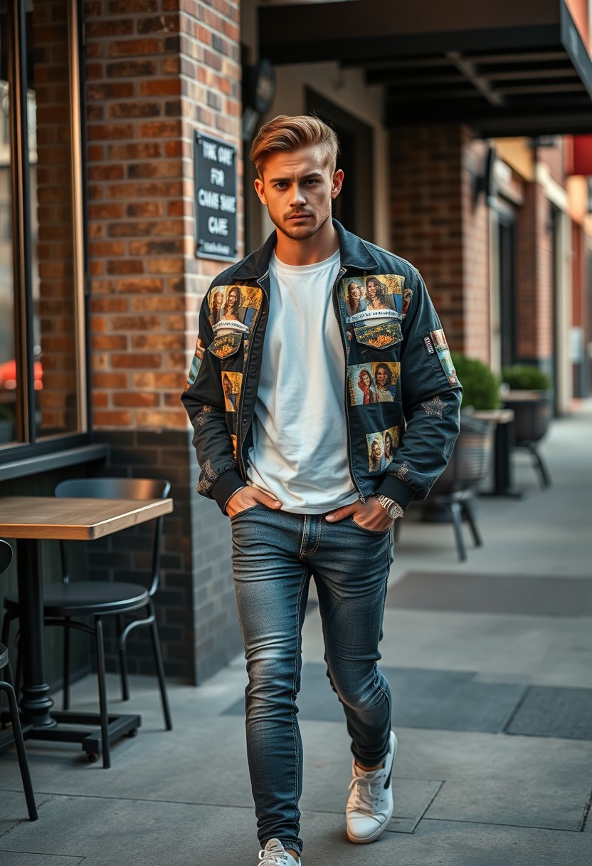 Freddie Prinze head and body shot, handsome, young, serious face, white T-shirt, collage jacket, skinny jeans, sneakers, walking hot style, near cafe, hyper-realistic, street photography, brick wall, full body photo, morning scenery.