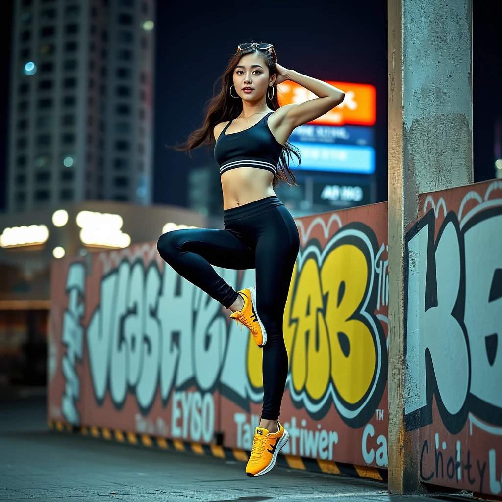 Urban Athletic Elegance
Concept: Capture the energy of the city and the grace of an athlete.
Style: Sleek, minimalist athletic wear paired with bold accessories. Think black leggings, crop tops, and neon sneakers.
Setting: Urban landscapes like city streets, rooftop helipads, or subway stations.
Pose: Dynamic poses that showcase the athlete's strength and flexibility, such as jumping, stretching, or doing a handstand against a graffiti wall.
Lighting: Use neon lights and cityscapes to create a dramatic, high-contrast look.

22-year-old girl, Korean idol, ((Short bridge of the nose)), ((High, slender nose)). - Image