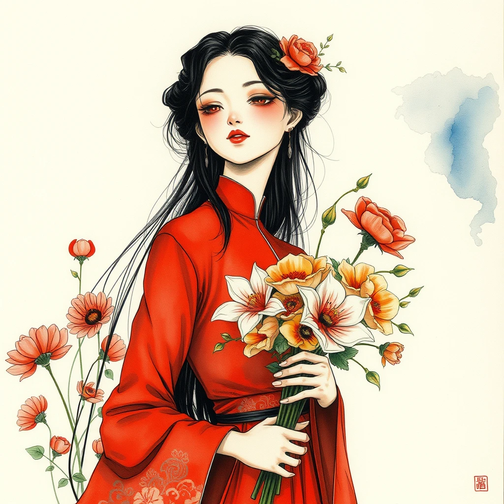 watercolor and ink painted by Yoshitaka Amano, stylized, ecstatic, unique art style, woman in the red dress with bouquet of flowers, 80s anime art, Orientalism, art nouveau, weird position, Portraits, romantic but distant, Detailed, Broad brushstrokes, Fine lines, Vivid.