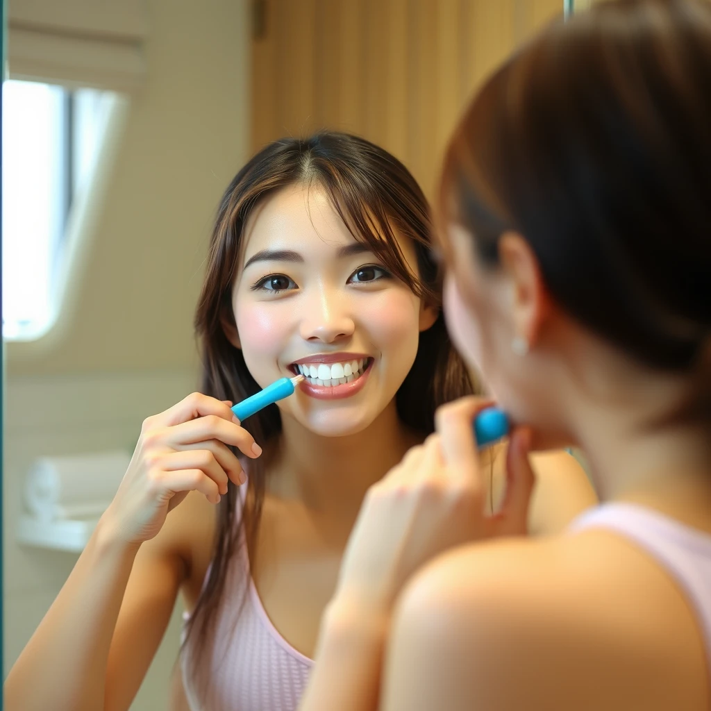 A young woman is brushing her teeth, looking in the mirror. Note that she is Japanese. - Image