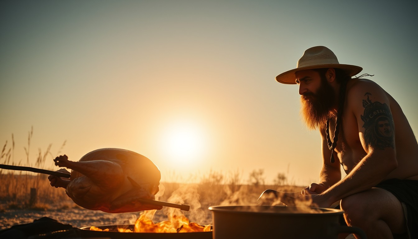 Under the blazing sun, a wild man is roasting a turkey that is turning on a stick next to a pot of hot oil. - Image