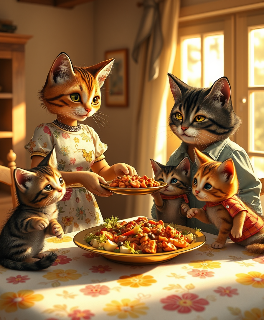 A touching image of a loving anthropomorphic feline family gathered around a beautifully laid table. The mother cat, dressed in a charming floral print dress, exudes pride as she serves a mouth-watering dish. The father cat, dressed in a shirt and shorts, smiles tenderly, not taking his eyes off his three adorable kittens. Each kitten is dressed in cute homemade clothes that reflect his personality. The warm and welcoming atmosphere is complemented by golden sunlight pouring through the windows, creating a cozy glow reflecting the love and happiness that this friendly family shares.