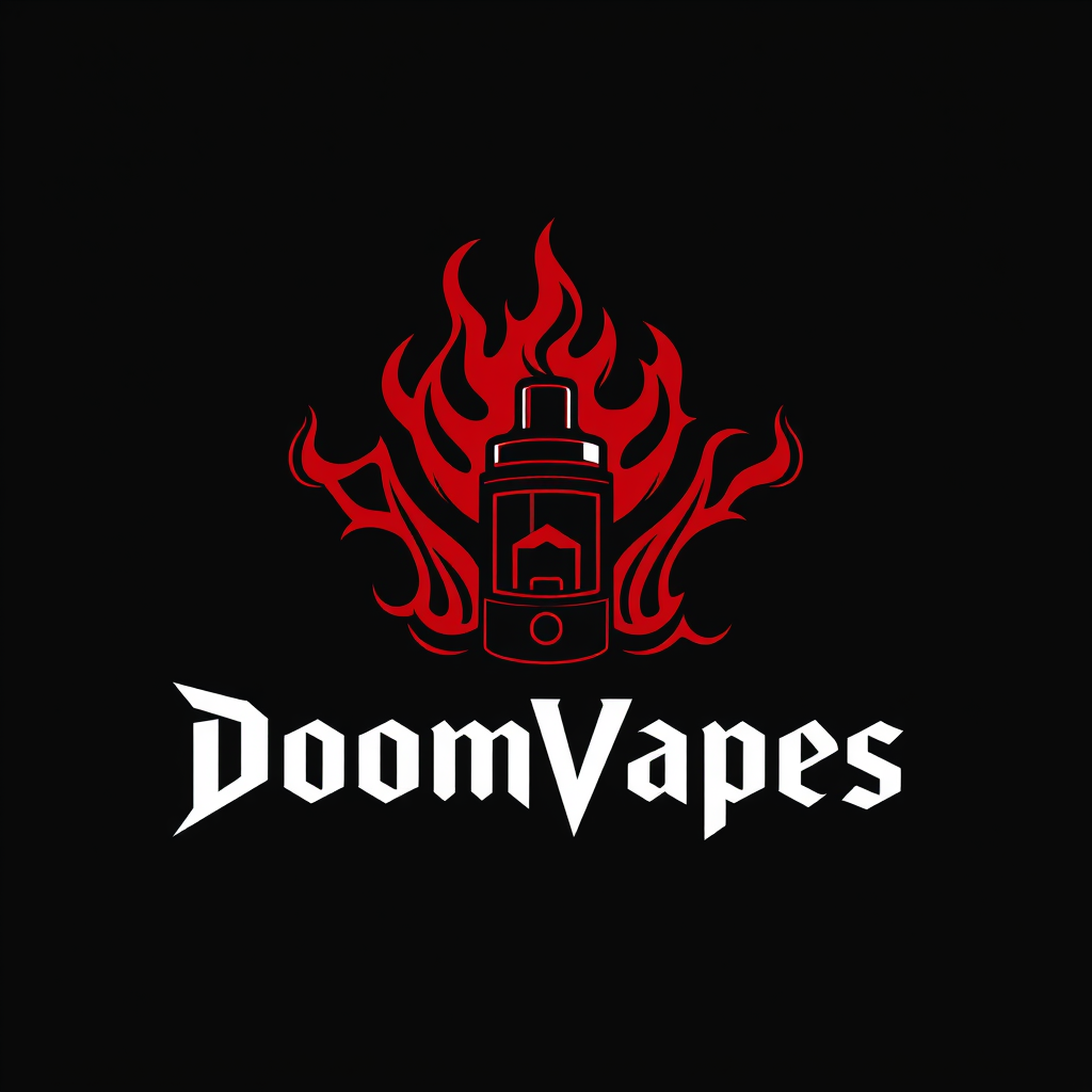 Sleek, minimalist logo for DoomVapes featuring a stylized vape tank engulfed in ethereal, crimson flames. Infernal typography with sharp, angular serifs. Monochromatic color scheme: deep black and blood red. Balanced composition with negative space suggesting smoke tendrils. Evokes a sense of rebellious, edgy sophistication. - Image