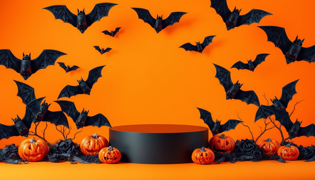 Creative Halloween composition with bats, podium and orange background. Suitable for Product Display and Business Concept. - Image