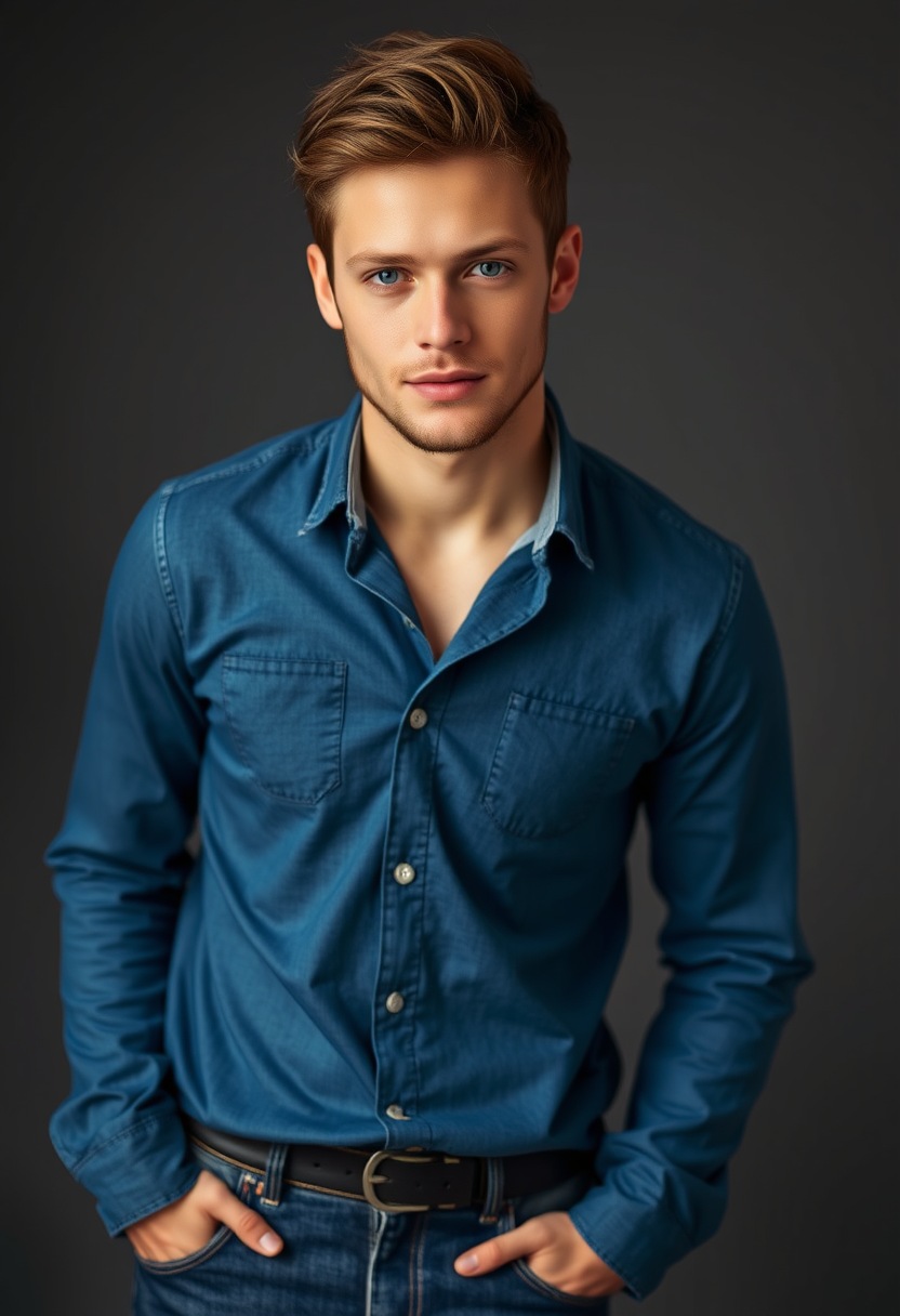 Jamie Dornan head and body shot, handsome, young, blue shirt, jeans, sneaker, photorealistic, studio photography.