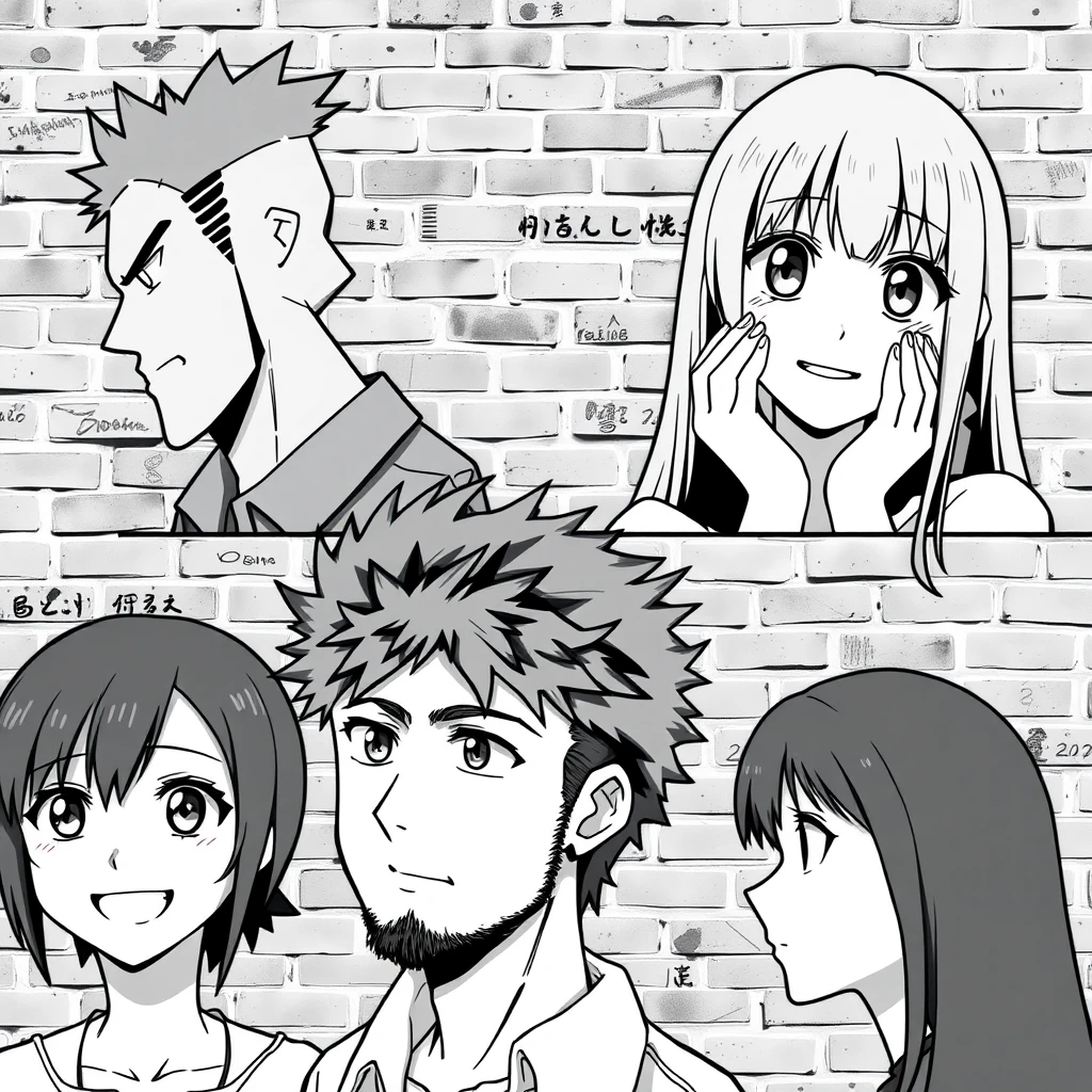 Anime-style black and white collage of five characters against a brick wall background. Top-left: man with short, spiky hair facing right, stern expression. Top-right: woman with long straight hair facing left, surprised expression with hands on cheeks. Bottom-left: woman with very curly hair facing right, cheerful expression with one hand near her face. Center: bearded man with short, messy hair facing forward, serious expression. Bottom-right: woman with long dark hair facing left, profile view, neutral expression. All characters are close-up headshots. Characters arranged in asymmetrical composition filling the frame. Detailed anime eyes and features, sharp line work. - Image