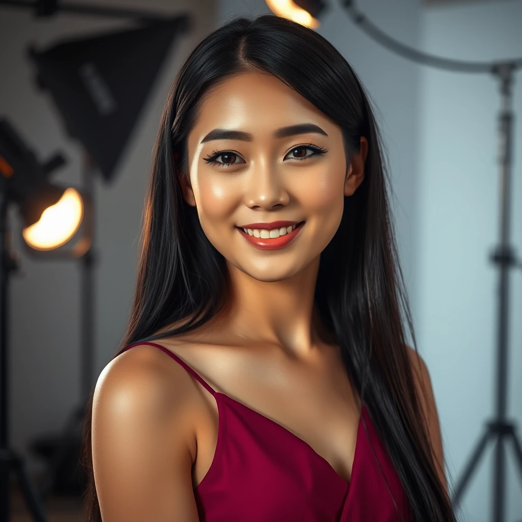 25-year-old Asian woman model in a high cut, high-quality dress in a photo studio. Light makeup, heavy eyeliner. Clear skin. Realistic skin texture with long, smooth black hair. Lighting equipment, shadows, and cable lights in the studio background. Blink your left eye. Smile. Bokeh effect. Heavy bokeh with light colors. Show more.