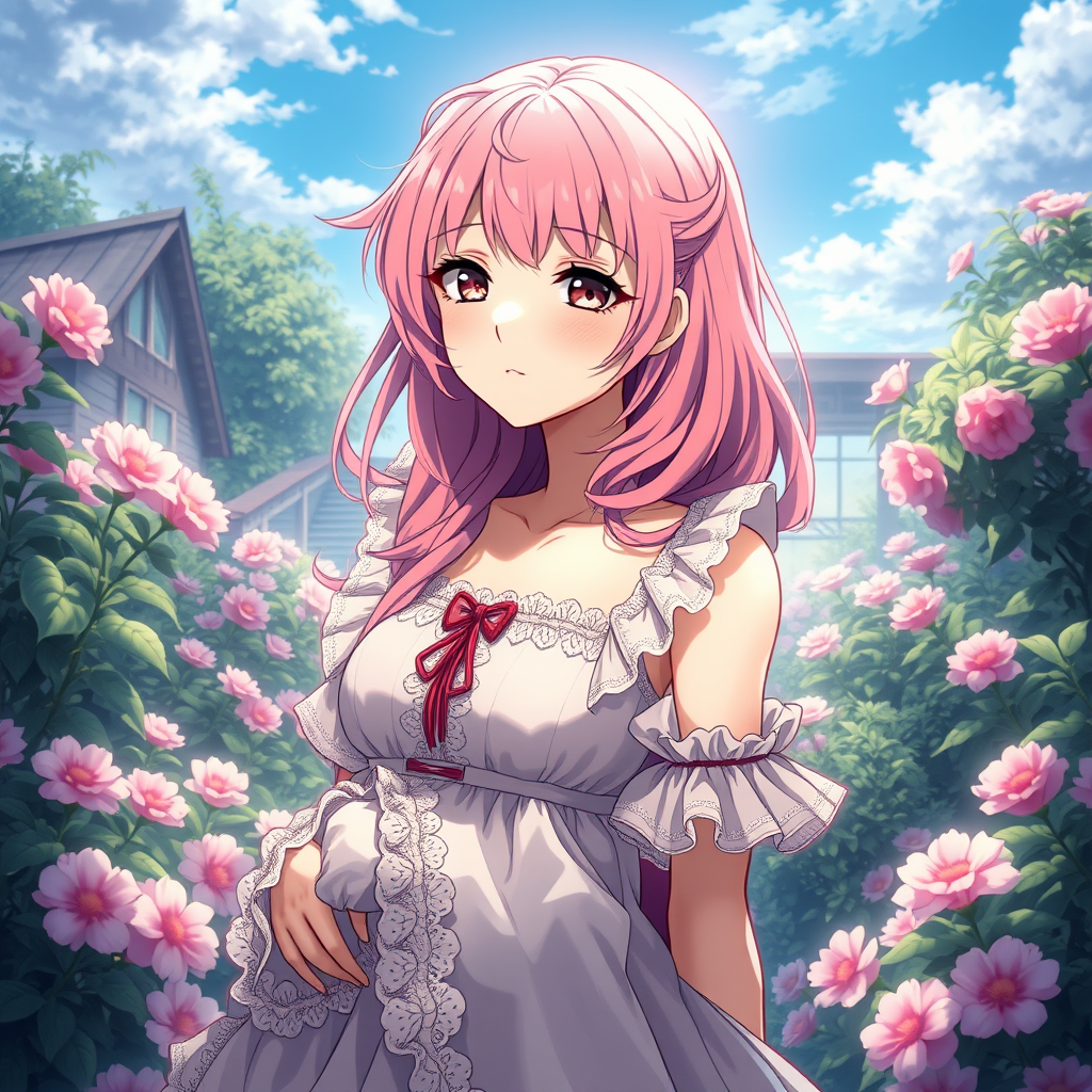 Anime art of a motherly woman, pink hair, frilly dress, detailed scene, stunning details, trending on artstation, garden, ray-traced environment, anime artwork.