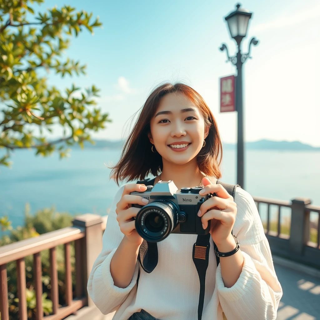 "Korean young woman with camera, recording journey moments, good mood, soul relaxation, Cheung Chau Island adventure, photorealistic style"