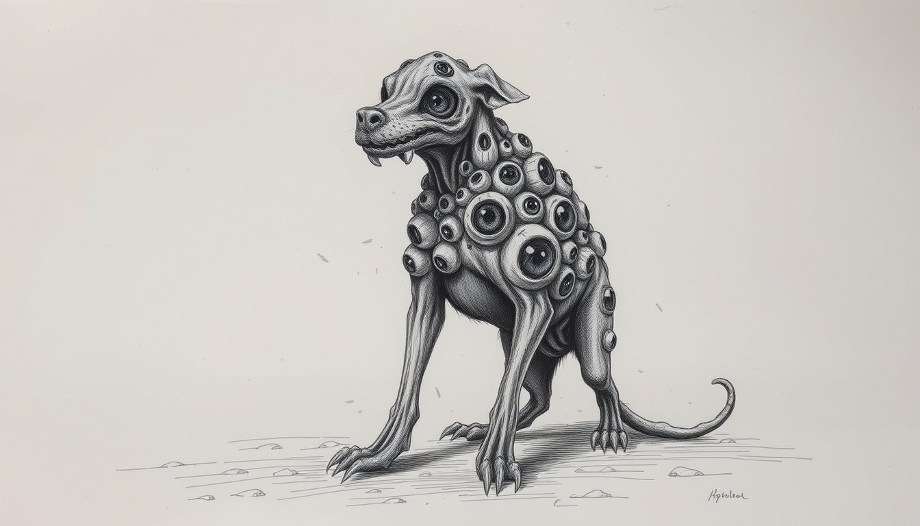 Horror Monster created by H.P. Lovecraft Drawing, Dog with his head and body covered in many eyes, full body, raw drawing.