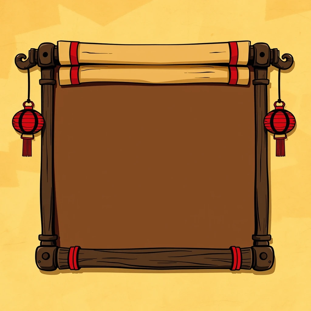 A Chinese style game cartoon frame with an ancient painting scroll and wooden signboard. The background is yellowed paper in shades from light brown to dark black, creating a strong contrast between warm and cool tones. The image is in high definition, flat comic book style, and features Chinese punk elements. - Image