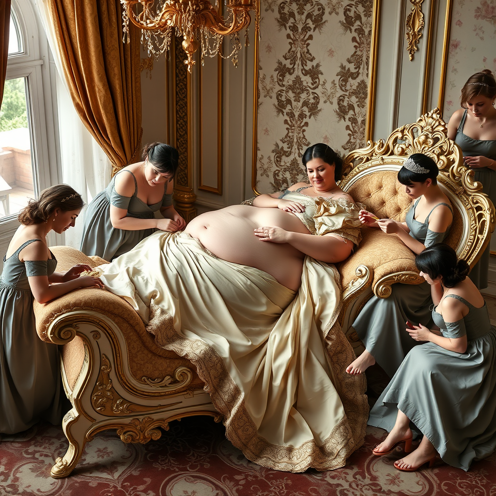 The beautiful obese queen lay on the luxurious and exquisite chaise longue, with some palace maids massaging her back, some feeding her fruit, some doing her nails, and some giving her foot massages. - Image