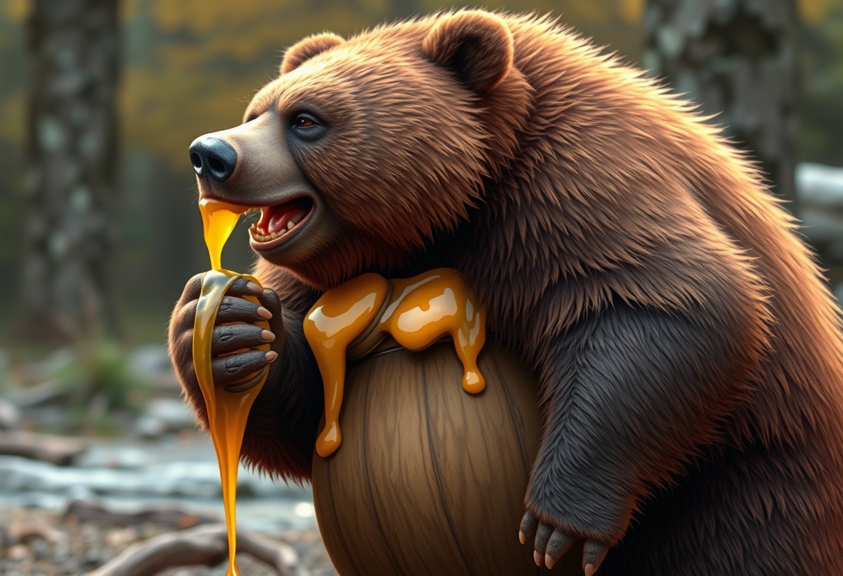 Obese bear guzzling a barrel of honey, bloated overhanging sagging belly, high resolution, - Image