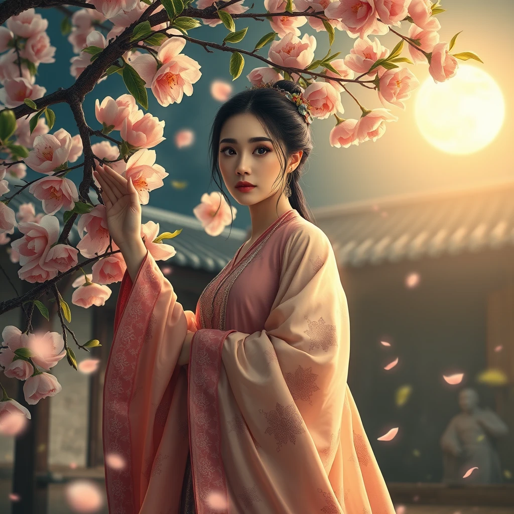 A woman dressed in a splendid ancient costume stands in an old courtyard, gently resting her hand on a blooming peach tree. The tree is depicted with realism, and petals are falling all around her. Her eyes reflect a sense of sorrow, and in the background, there is a bright full moon illuminating her. Moonlight casts a glow on her, while a few fireflies dance nearby. The style is reminiscent of photography taken by Sony. - Image