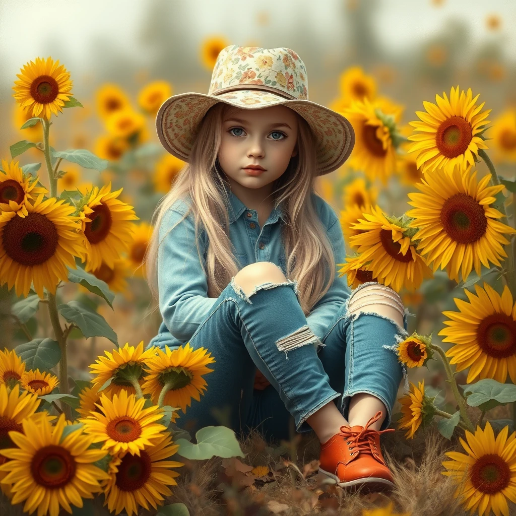 "A young girl sits among sunflowers and similar blossoms. She has long blonde hair and wears a vintage floral-patterned hat. She's dressed in torn jeans and orange shoes, surrounded by the rich colors of autumn in nature, looking thoughtful. The background is slightly blurred to focus on the girl and flowers. This image is delicately painted with digital brushes, giving it an oil painting feel."