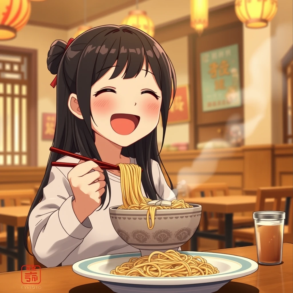 Depict a young Asian girl joyfully eating Lanzhou noodles inside a traditional Chinese restaurant. She has long black hair and is dressed in casual attire. The visual style should mimic that of Kyoto Animation, with detailed character design and warm color tones, reflecting the meticulous and vivid expressions common in Japanese animation. The background features a cozy restaurant interior with wooden tables and soft lighting.