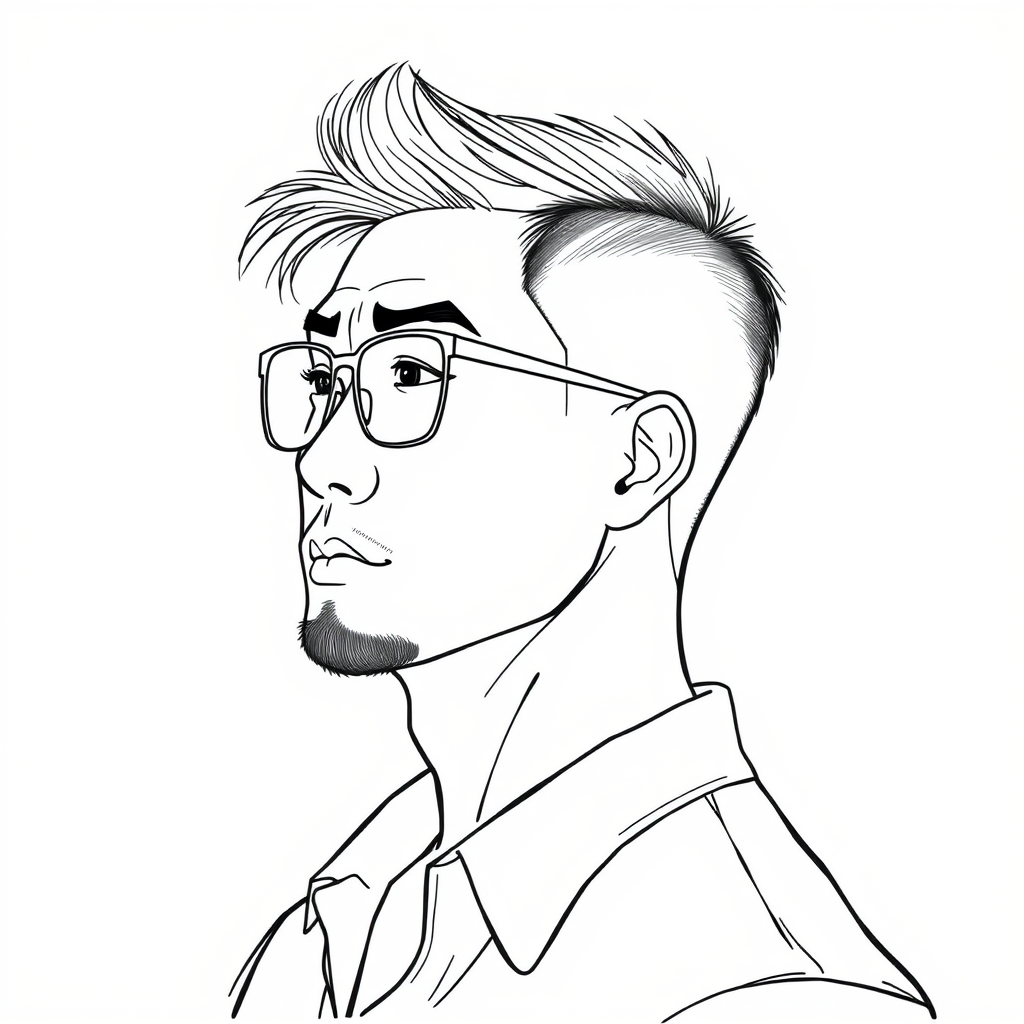 A line drawing of a man around 35 years old, with short and clean hair that doesn't need styling. He has a strong physique, seen from the side, is Chinese, wearing framed prescription glasses, has a slightly short beard on his chin, and is wearing a shirt. His demeanor has a bit of a rogue charm, and his face has defined lines and fullness.