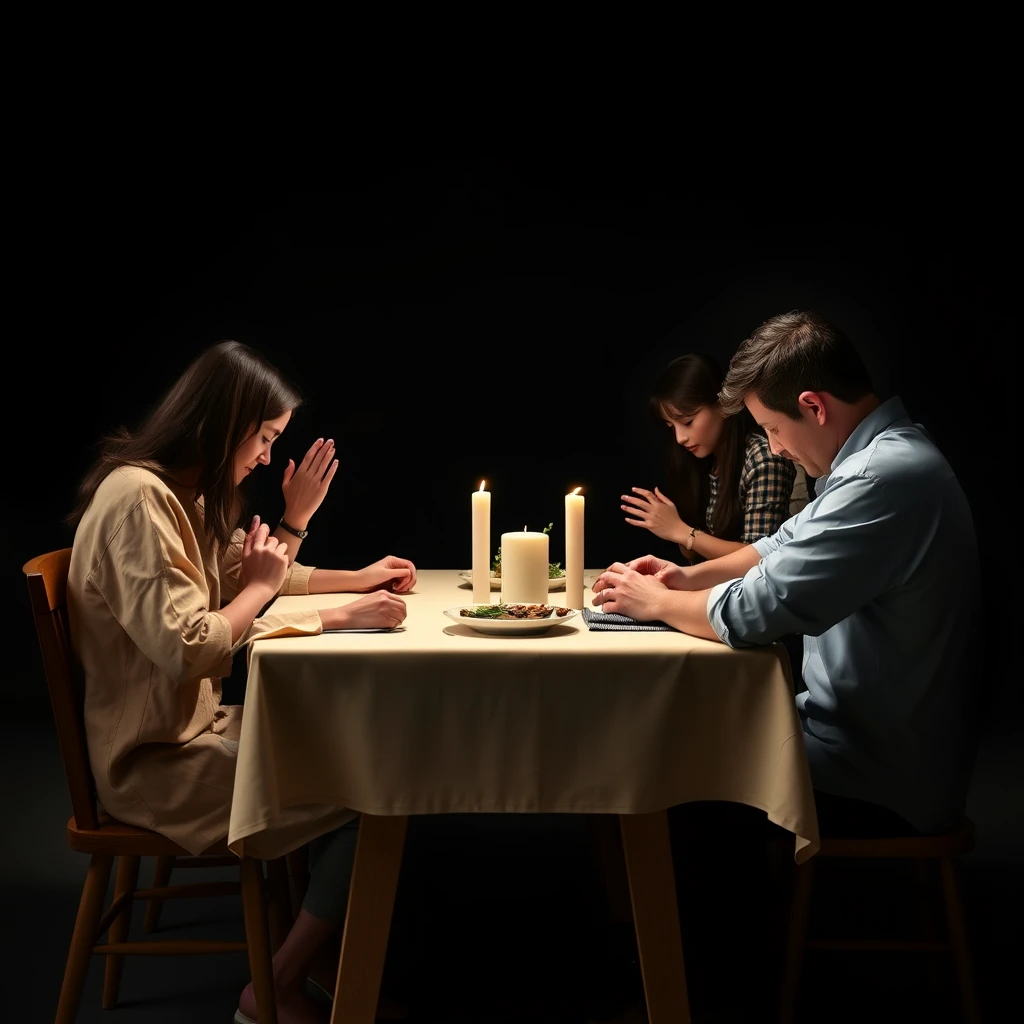 A family sitting together around a table praying, photorealistic, 1:1 ratio, serene, dark background, plenty of whitespace around the subject, no deformed arms, no extra arm, casual clothing.