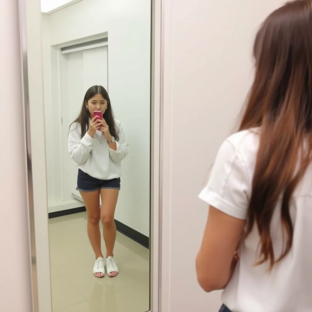 A female student is looking in the mirror; it is a full-length mirror, and she can see her feet.