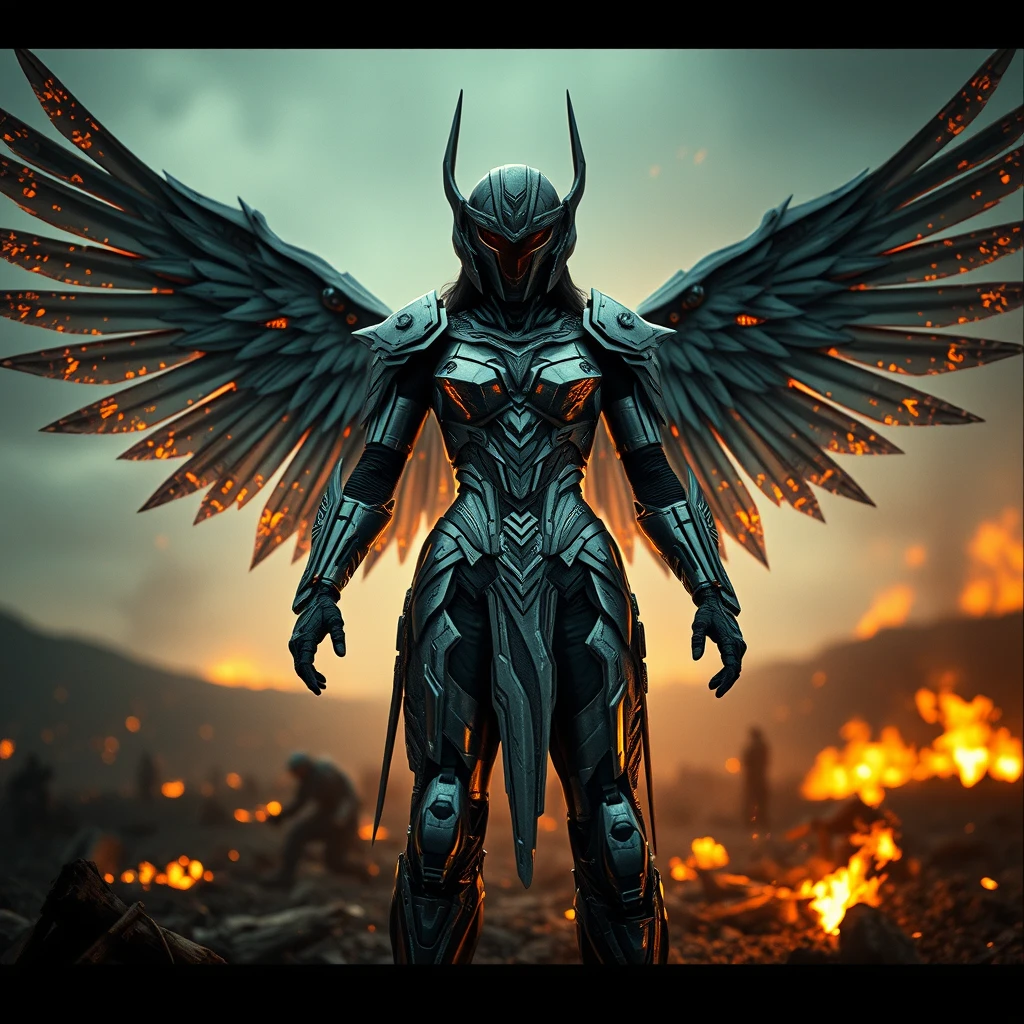 Cinematic shot of a female cyborg Valkyrie rising from ashes, armor, full helmet, wings, sci-fi, standing on a battlefield, movie scene, film grain, realistic, shot from below, image for a flyer.