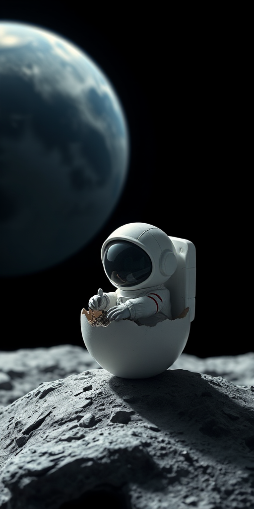 Little astronaut hatching from an egg on the moon, in the background is a black sky with the Earth in it.