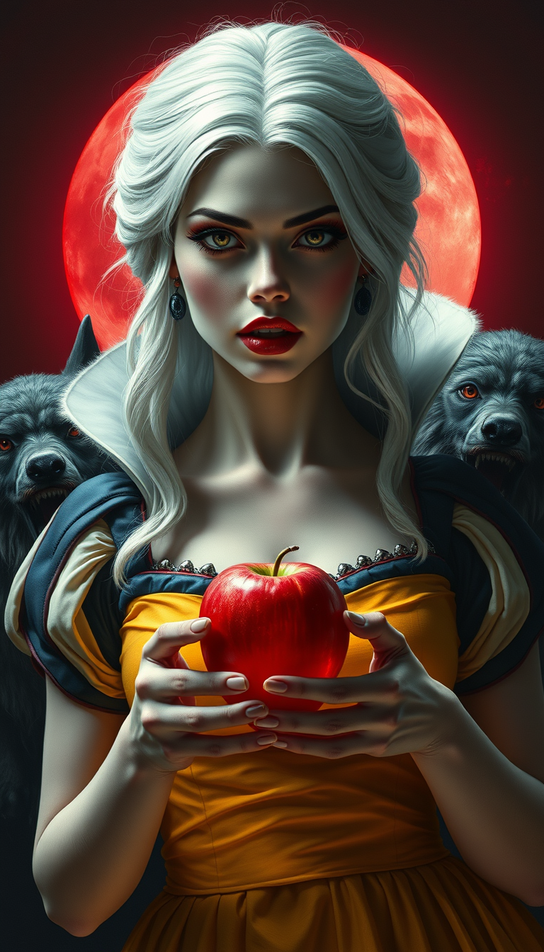 Snow White vampire with an apple in her hands and seven werewolves, hyperrealism, gothic, horror, neckline, bright dress, red moon in the background, white hair, awe-inspiring look, focus on the face, retracted cheekbones.