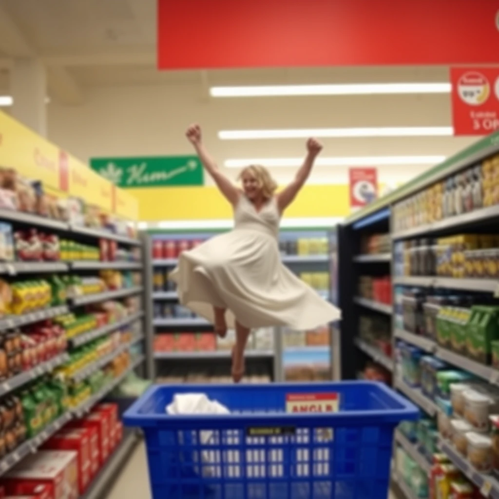 In the supermarket, a person wearing a dress flew into the air.