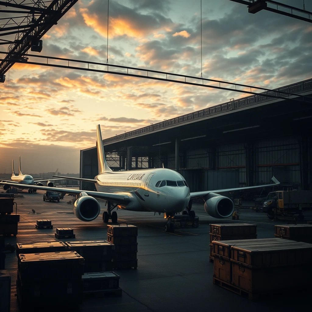 Aviation hanger environment tool boxes late afternoon atmospheric cinematic - Image