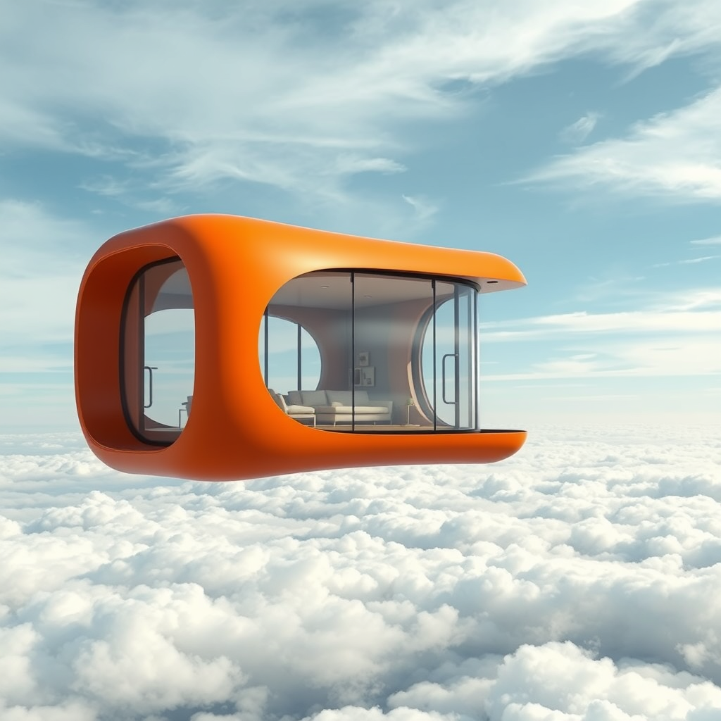 new small apartment, orange color, literally flying on top of clouds, the idea is to convey the apartment is flying over the clouds, curved architecture, glass walls, external view of flying in the sky