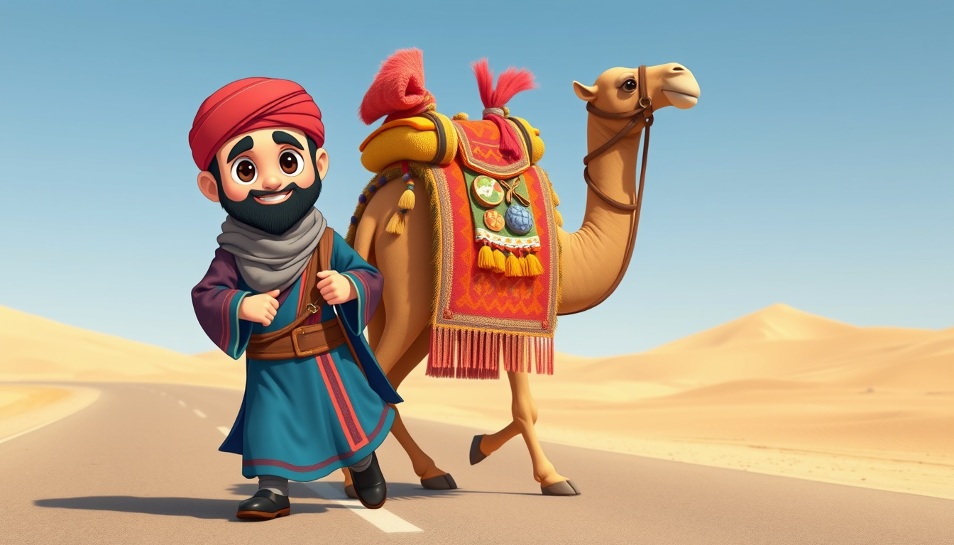 A chibi-style Persian merchant, with a small, round body and large expressive eyes, dressed in colorful traditional robes and a turban. The merchant has a cheerful and determined expression, holding the reins of a cute, similarly Q-version camel. The camel is adorned with colorful blankets, tassels, and small, bulging saddle bags filled with various goods like spices, fabrics, and trinkets. Both the merchant and the camel are walking along a wide desert road, with soft sand dunes and a clear, blue sky in the background. The overall scene is playful and vibrant, with exaggerated proportions and a charming, cartoonish style that emphasizes the Q-version look. The goods on the camel add detail and interest, making the scene lively and full of adventure.