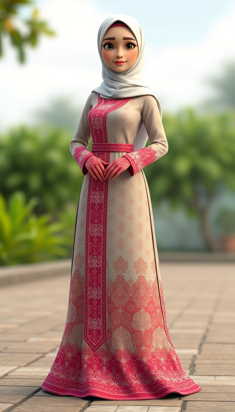 "Create a 3D, 8K animated cartoon of a Muslim woman from Palembang wearing a long traditional songket dress. She should have her hands covered with batik gloves. The image should capture the elegance and cultural richness of the attire."