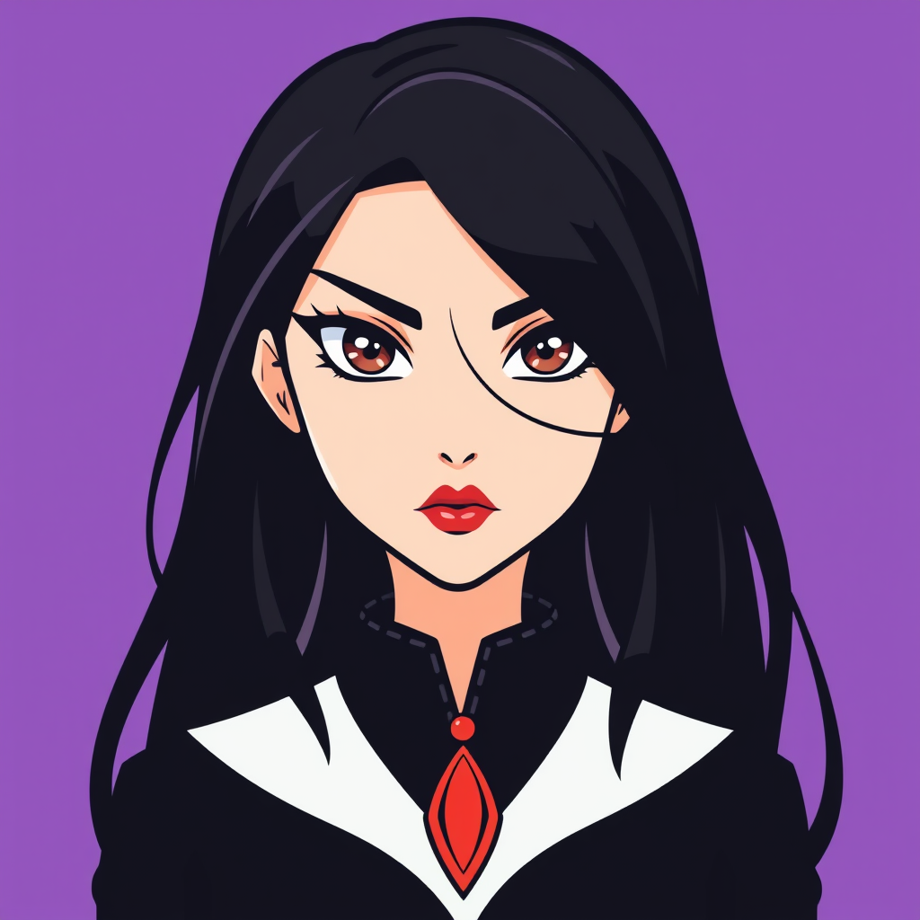 A basic simple vector logo of a beautiful female character with hazel brown eyes, long, dark black hair, wearing a black and white outfit with a red pendant necklace, and serious face with red lipstick, on a purple background.