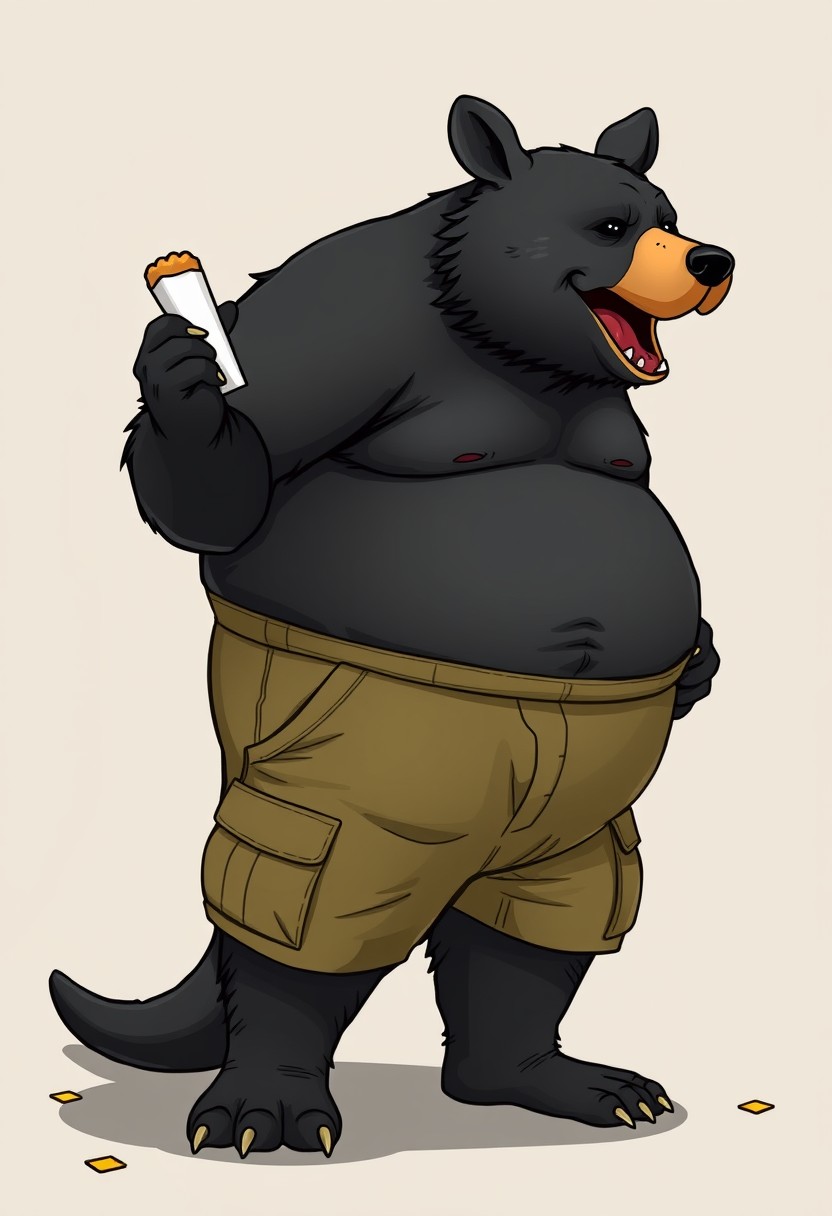 Thick anthropomorphic black bear-kangaroo hybrid wearing cargo pants. Excessively eating fast food and getting fatter. Extremely overweight, semi-cartoon. - Image