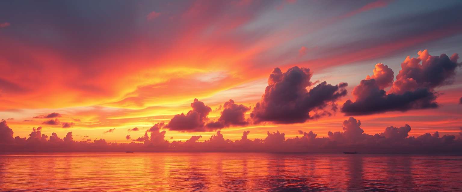 fiery sunset, clouds, high quality, photorealistic, evening sky, reflection, serene, seashells - Image