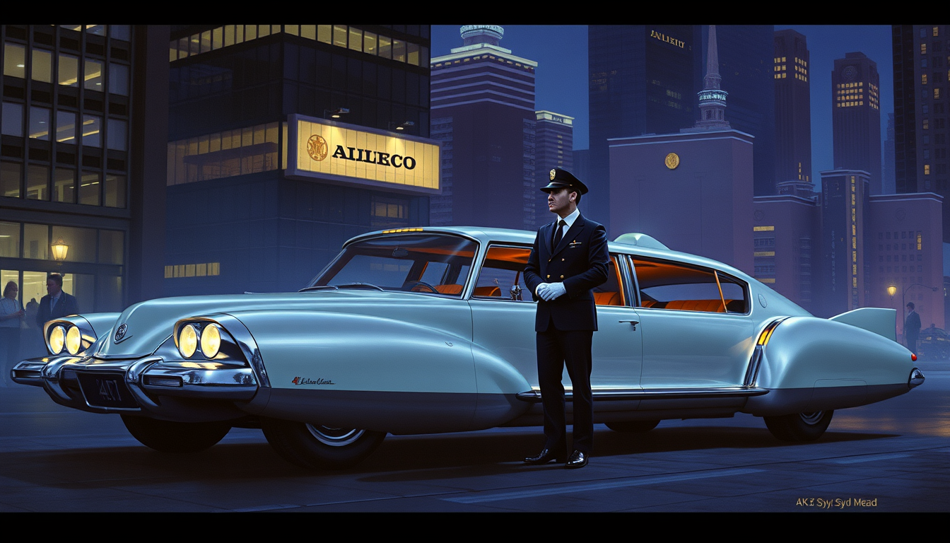 A very futuristic personal limo concept, a painting by Syd Mead, 4k, a chauffeur stands at attention, detailed, city setting, night, circa 1972.