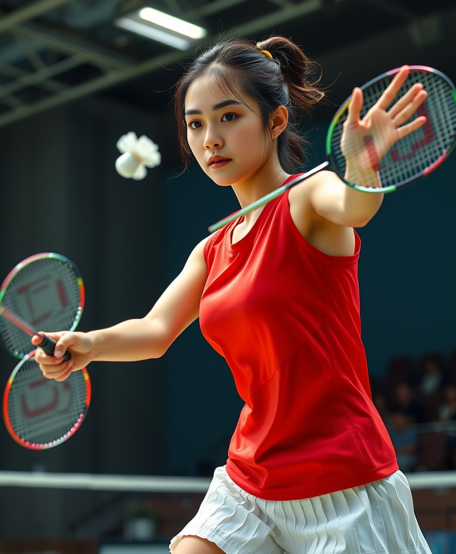 A detailed, realistic portrait of a young woman playing badminton in an indoor sports arena. The woman is wearing a bright red jersey and is mid-swing, her body in a dynamic, athletic pose as she focuses intently on the shuttlecock. The background is blurred, with glimpses of the court, net, and spectator stands visible. The lighting is natural and directional, creating shadows and highlights that accentuate the woman's features and muscular definition. The overall composition conveys a sense of energy, movement, and the intensity of the game. The image is highly detailed, with a photorealistic quality that captures the textures of the woman's clothing, skin, and the badminton equipment. A woman with a beautiful face like a Japanese idol is wearing a white pleated skirt. Badminton rackets and shuttlecocks exhibit dynamic swings and motion blur, depicting the human body with a flawless personality. - Image