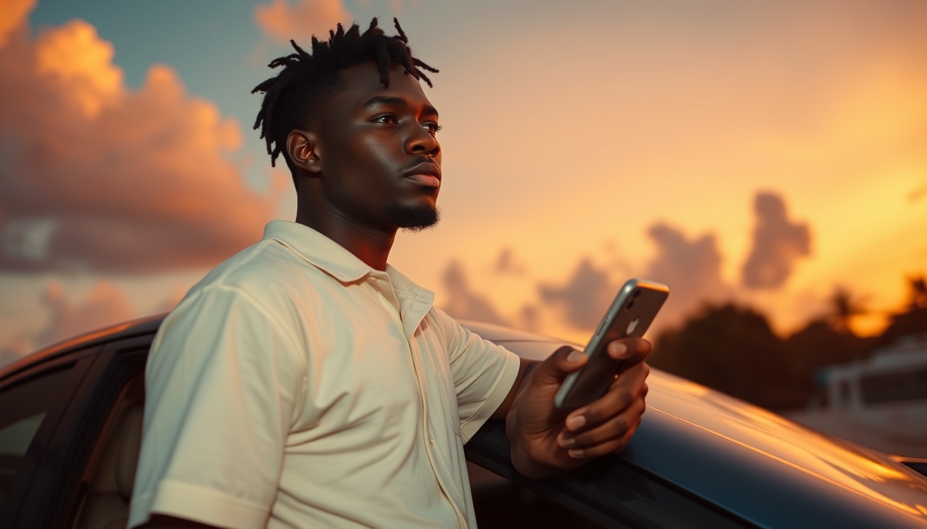 A young black man leaning against his car at sunset in the Bahamas, listening to a podcast on his phone. Dramatic lighting. Low wide angle view.