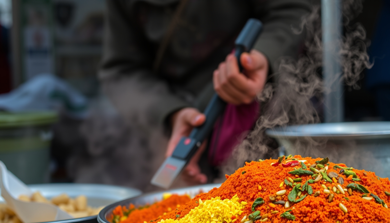 A close-up of a street vendor preparing a colorful and aromatic dish, with steam rising and vibrant spices on display. - Image