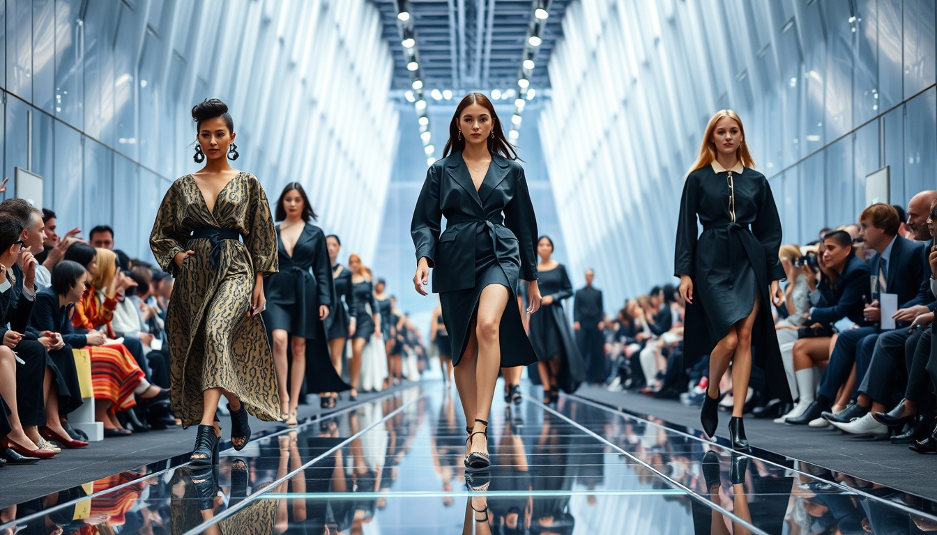 A high-end fashion show with models walking down a glass runway.