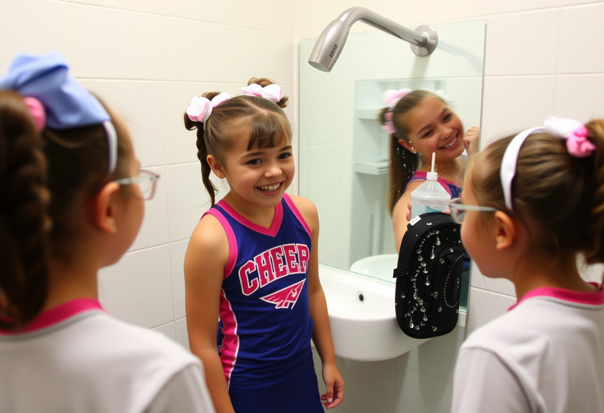 A girl at cheer camp playfully helps her best friend get ready for a post-practice shower. - Image