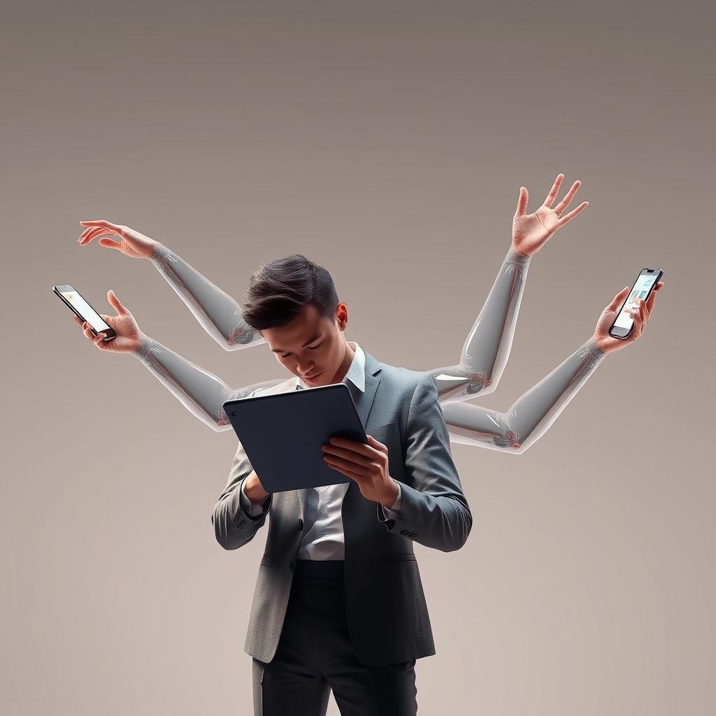 Designer working on a tablet, multiple semi-transparent arms extending from their body, each arm performing different tasks, surreal yet professional ambiance, soft gradient background, digital art style --ar 3:2.