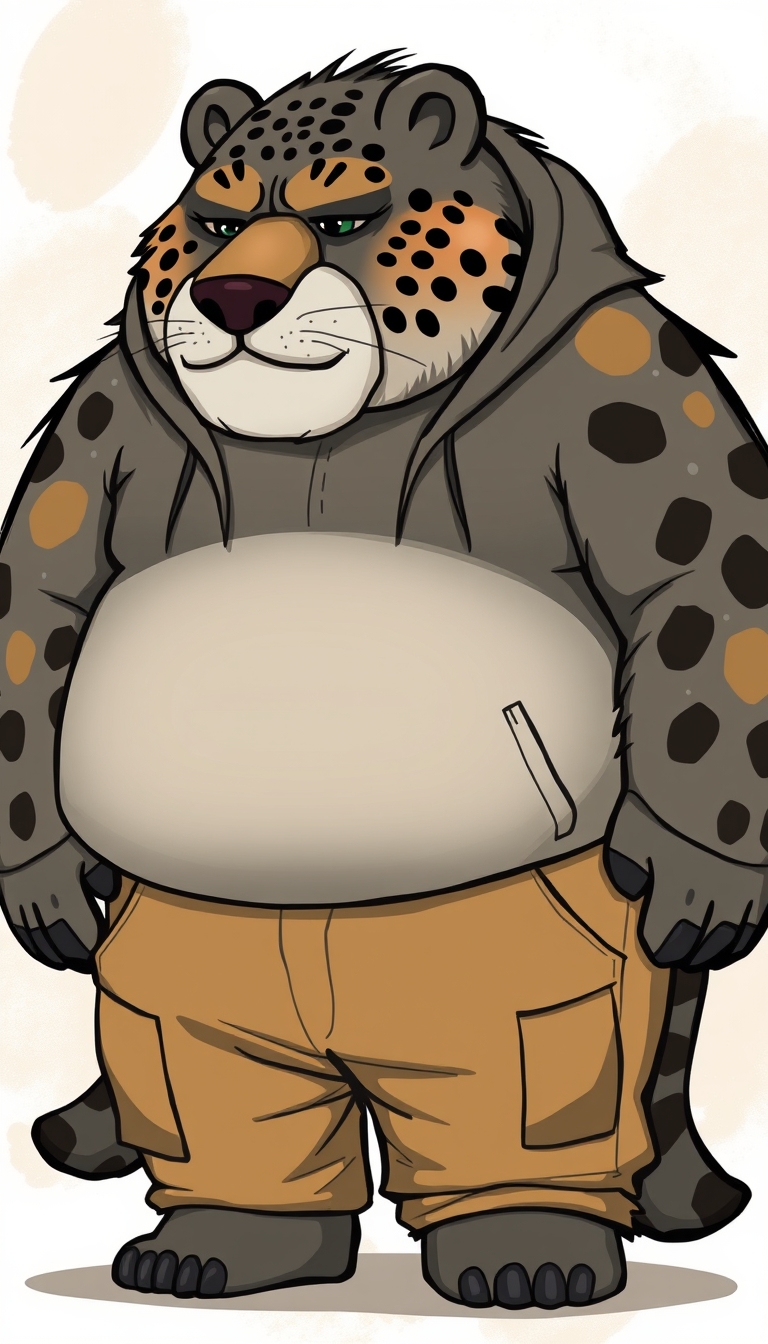 quarter view, anthropomorphic obese gray bear leopard hybrid, blended features. gray and black fur with tan and white fur markings. he has a heavyset body. wide fat bottom. fat wide double chins. tan cargo pants and zip-up hoodie. full body. uncropped. fluffy fur. abstract background digital art, cartoon.