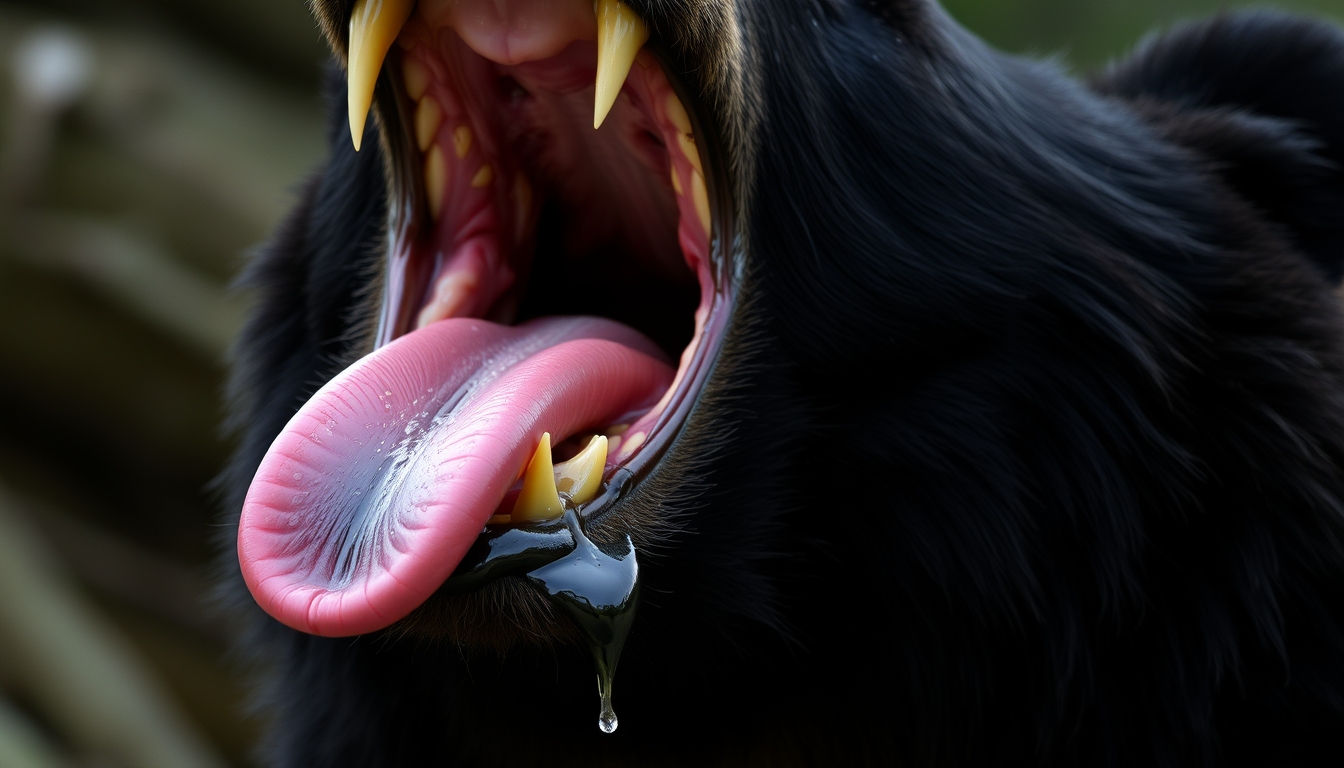 "The black bear opens its mouth, revealing sharp teeth and tongue, dripping with saliva." - Image