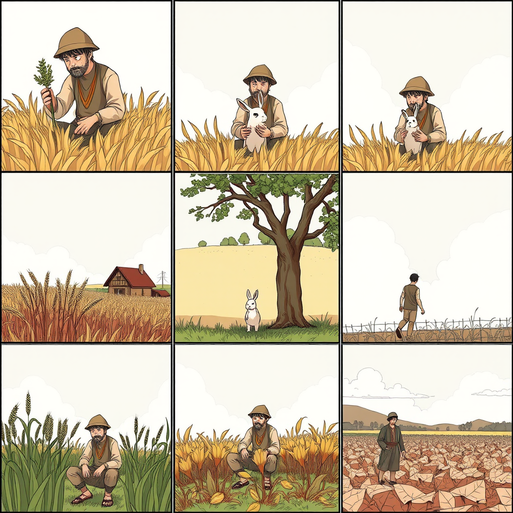 The image style is "cyberpunk," featuring an ancient farmer in a nine grid. The characters in each scene will all use the same farmer, ensuring that the face shape and clothing remain consistent throughout. In the first panel, the farmer is harvesting wheat. In the second panel, the farmer is sitting under a tree, a rabbit's head is toward the tree. In the third panel, the farmer is holding a rabbit in his hand. In the fourth panel, the farmer is walking toward a house. In the fifth panel, the farmer sits under the tree. In the sixth panel, the farmer sighs while sitting under the tree. In the seventh panel, the farmer stares blankly at the sky. In the eighth panel, the crops have withered. In the ninth panel, the farmer is planting seeds in the field.