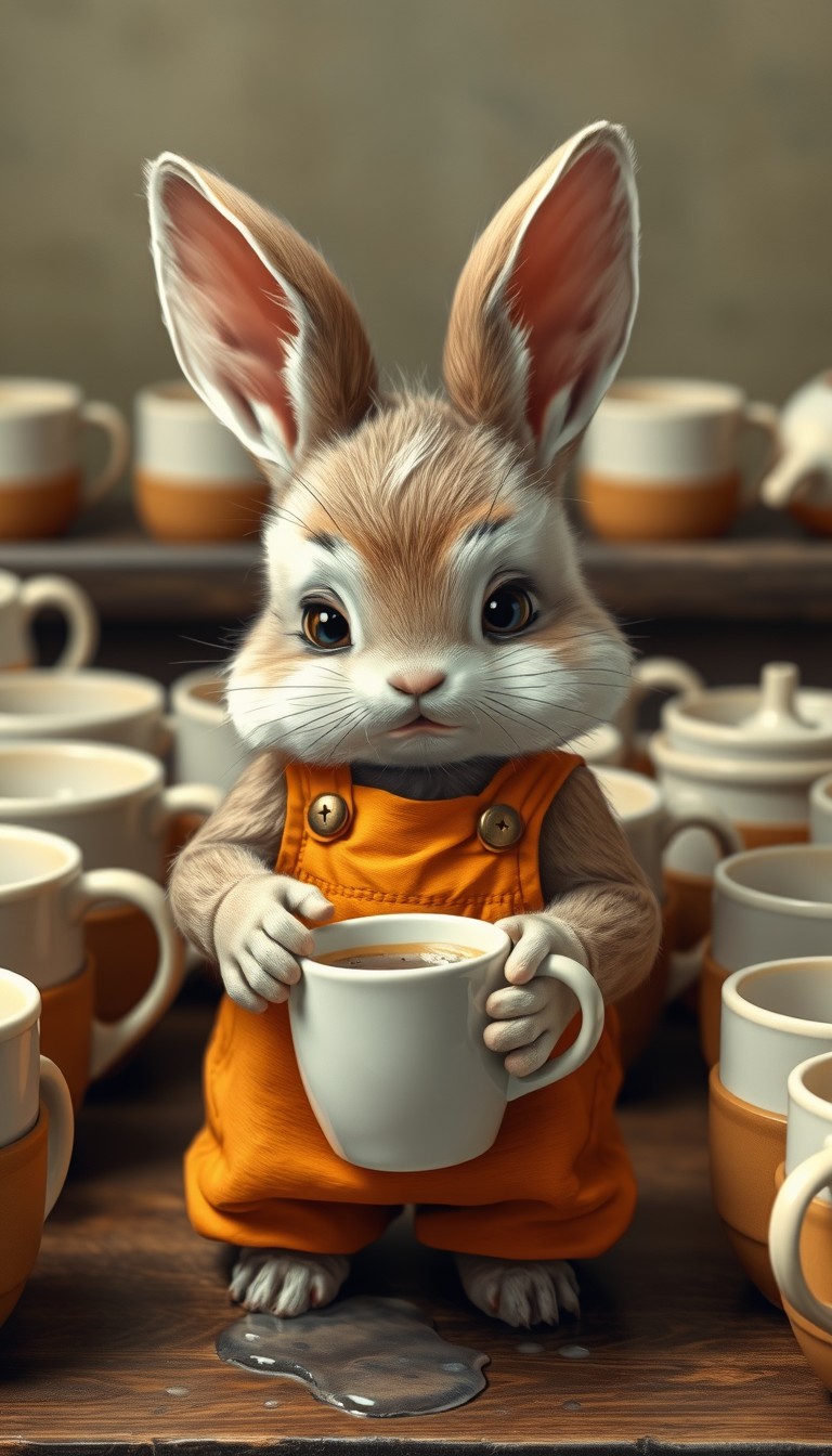 A little bunny, wearing an orange overall, is holding a cloth and cleaning a coffee cup. There are many coffee cups waiting to be washed around it, and it shows a sense of grievance in its eyes. - Image