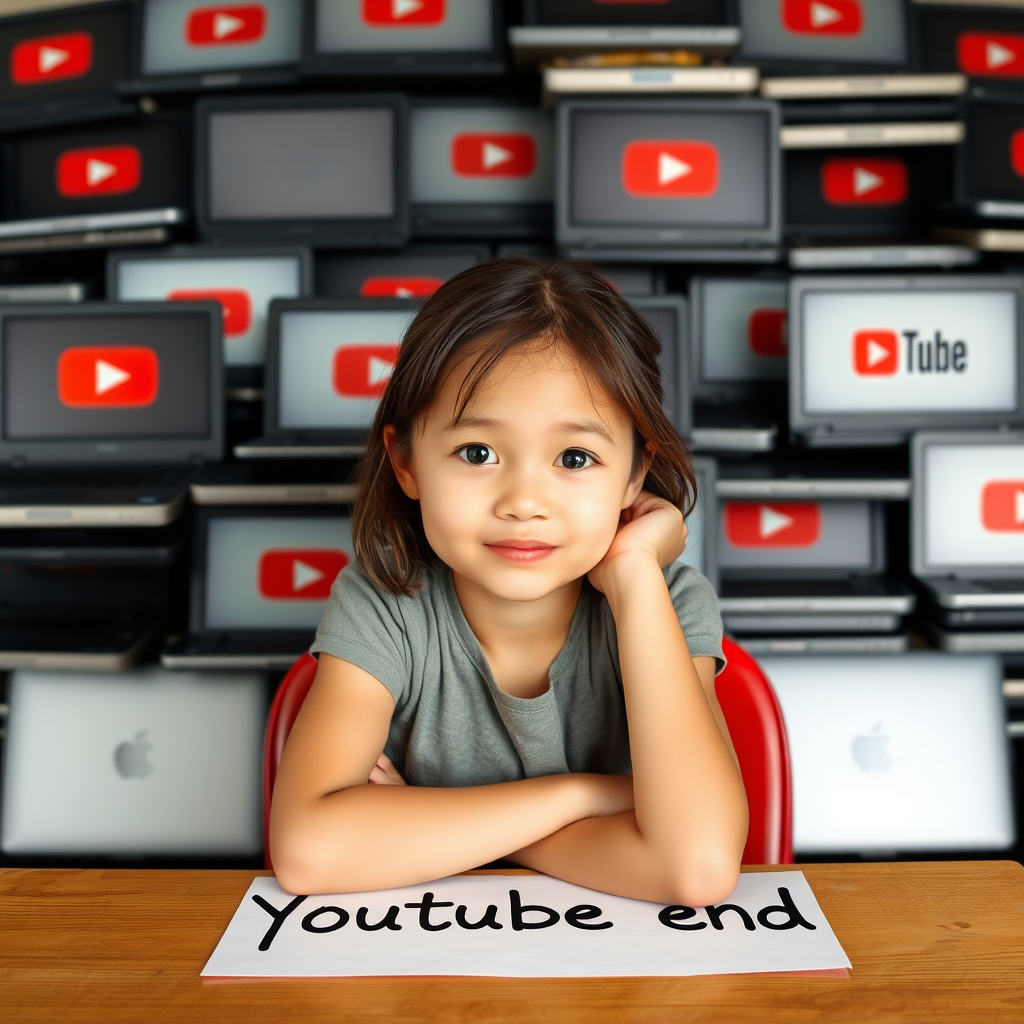 "Photograph of a girl sitting at a table, portrait, behind her a mountain of laptops with the YouTube logo, inscription on the photo says 'YouTube end'."