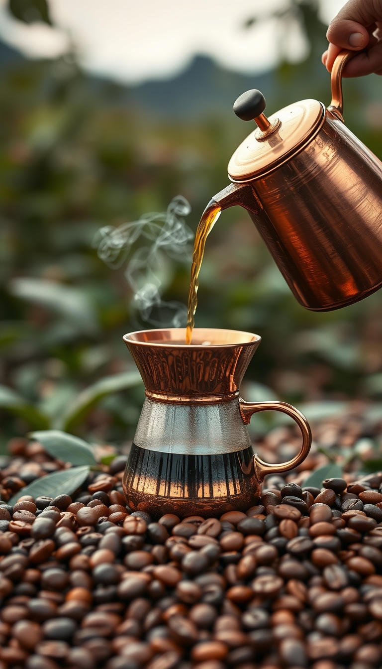 Copper pour-over coffee setup with beans, coffee field background, ultra-sharp.